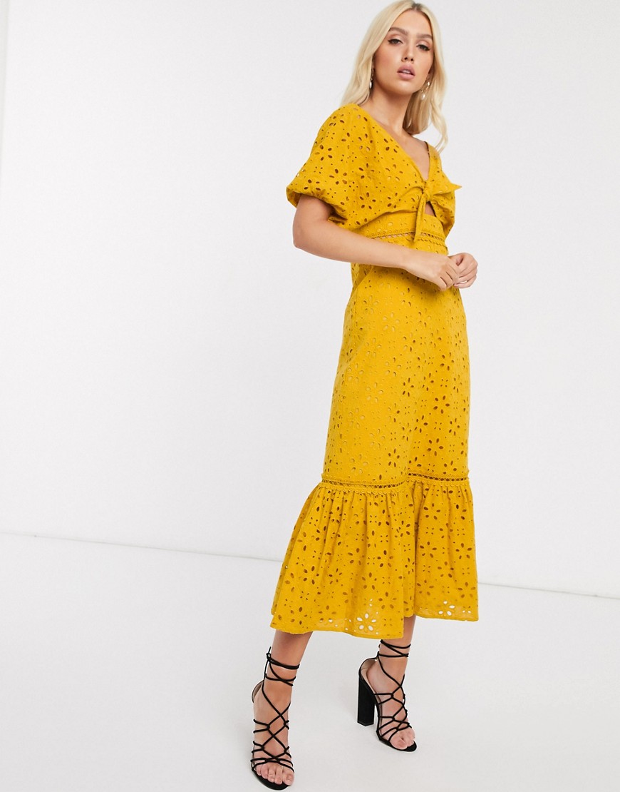 Asos Design Broderie Knot Front Maxi Dress In Mustard-yellow