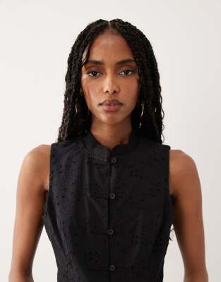 Asos Design Broderie Mandarin Collar Tank Top In Black