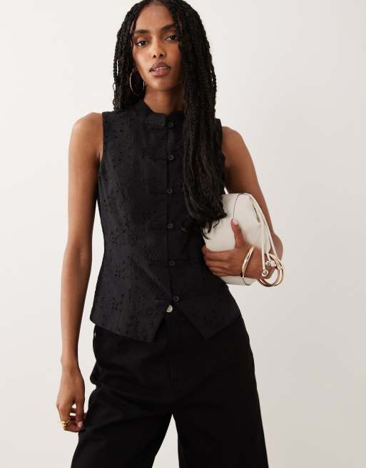 ASOS DESIGN broderie mandarin collar tank top in black, 2 of 4