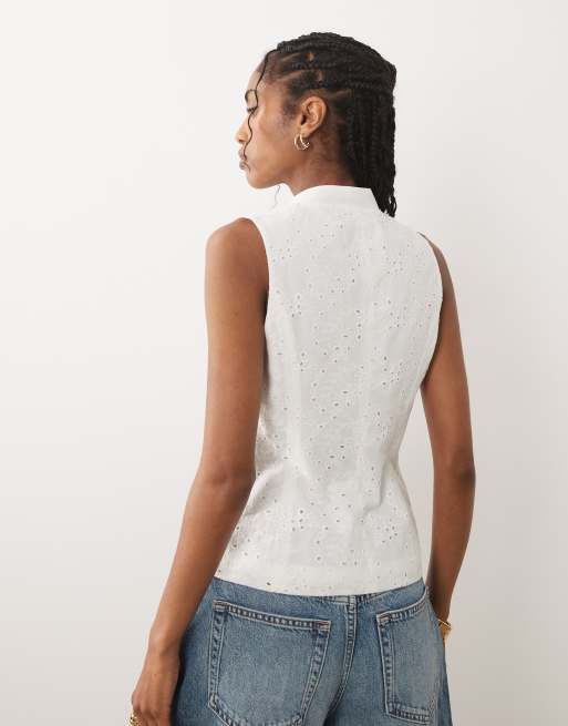 ASOS DESIGN broderie mandarin collar tank top in ivory, 4 of 4