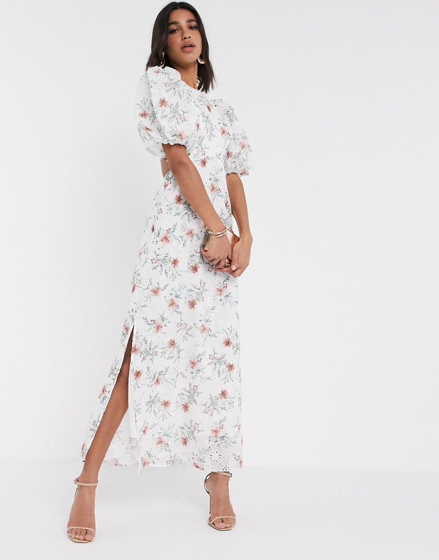 Asos Design Broderie Maxi Dress With Cut Out Back In Floral Print-multi