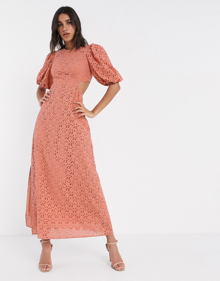 Asos Design Broderie Maxi Dress With Cut Out Back In Rust-red