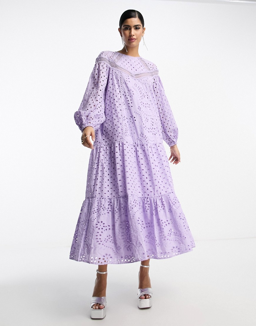 ASOS DESIGN broderie maxi dress with lace inserts in lilac-Purple