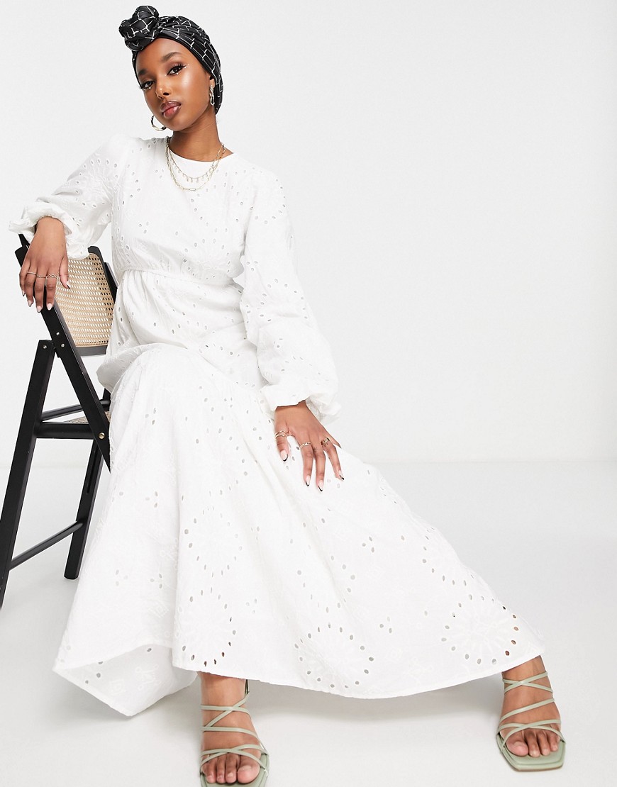 ASOS DESIGN broderie maxi dress with volume sleeve in white-Pink