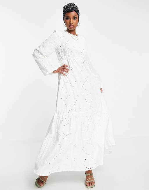 ASOS DESIGN broderie maxi dress with volume sleeve in white