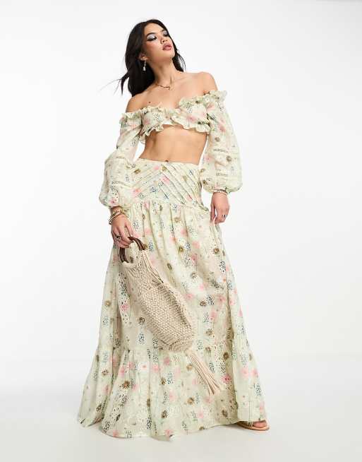 Asos Design Broderie Maxi Skirt With Lace Inserts And Ruffle Detail In Floral Print Part Of A