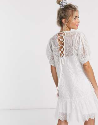 lace up back embroidered smock dress