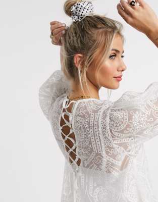 lace up back embroidered smock dress