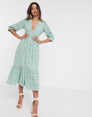 Asos Design Broderie Midi Dress With Rope Lace Up Back In Sage Green