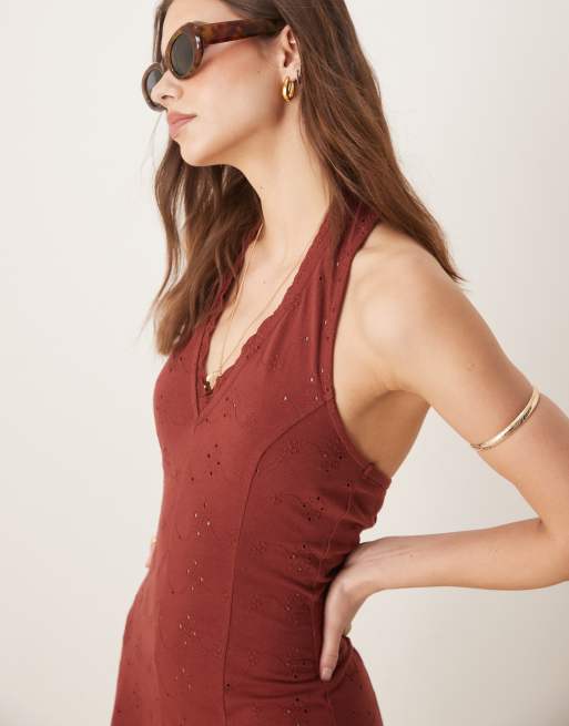 ASOS DESIGN - Broderie midi jurk met halternek in oranje, 2 van 4