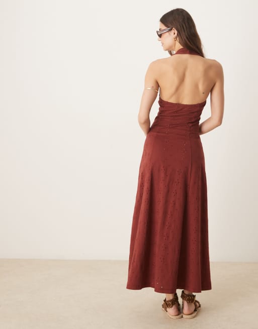 ASOS DESIGN - Broderie midi jurk met halternek in oranje, 3 van 4