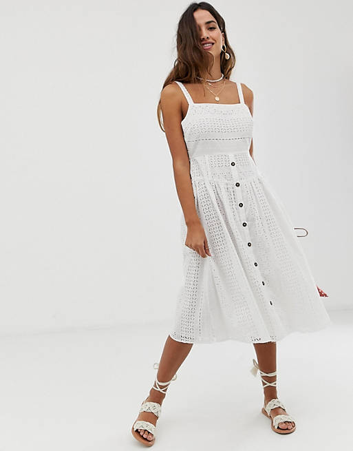 ASOS DESIGN broderie midi sundress with button front in white