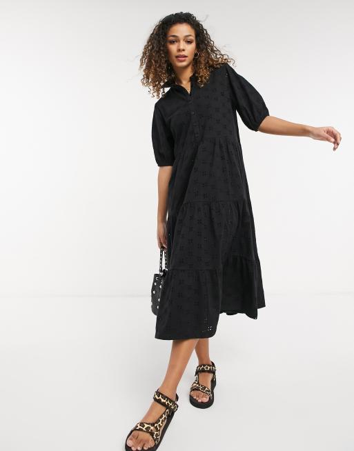 ASOS DESIGN broderie midi tiered shirt dress with short sleeves in black