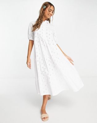 ASOS DESIGN broderie midi tiered shirt dress with short sleeves in white | ASOS