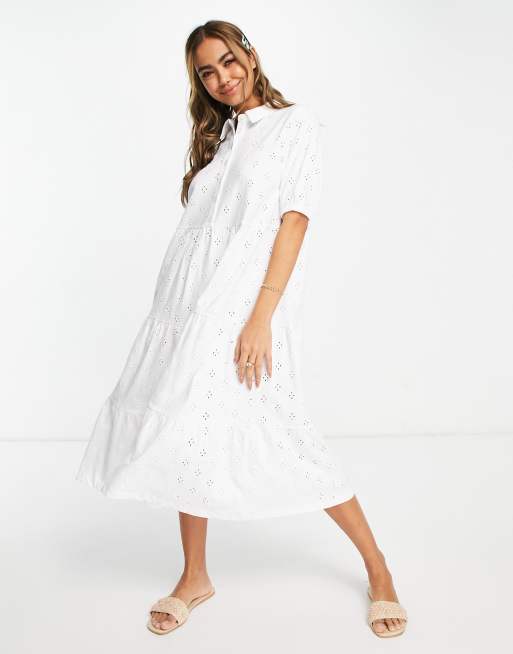 White Shirt Dress Short Sleeve Tiered