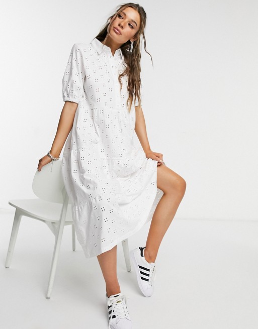 ASOS DESIGN broderie midi tiered shirt dress with short sleeves in white