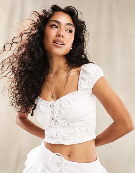 ASOS DESIGN broderie milkmaid lace up top in white