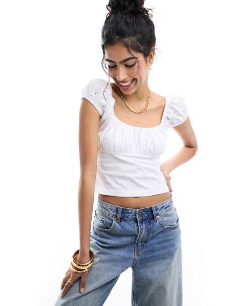 ASOS DESIGN broderie milkmaid top in white - view 1