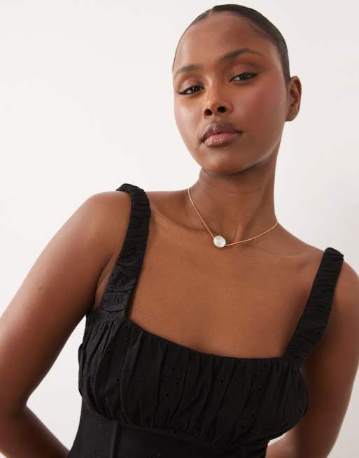 ASOS DESIGN broderie milkmaid top with gathered bust in black, 3 of 4