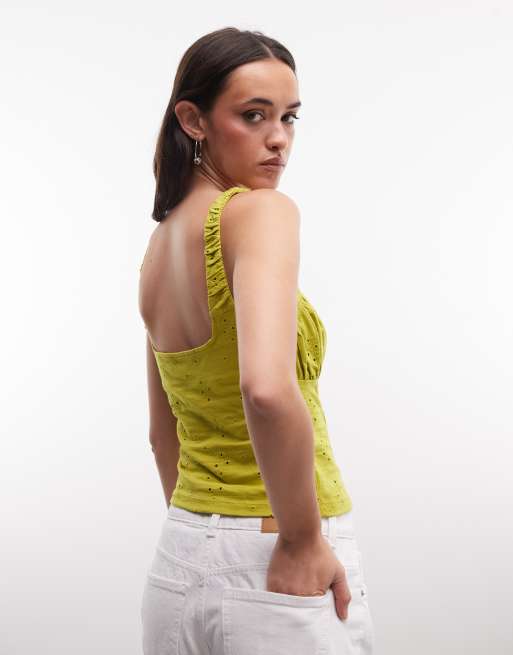 ASOS DESIGN broderie milkmaid top with gathered bust in green, 4 of 4