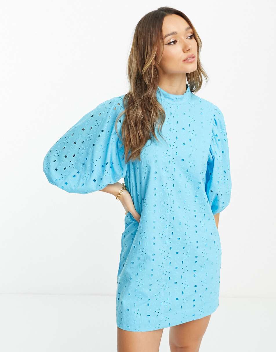 ASOS DESIGN broderie mini dress with puff sleeve in blue