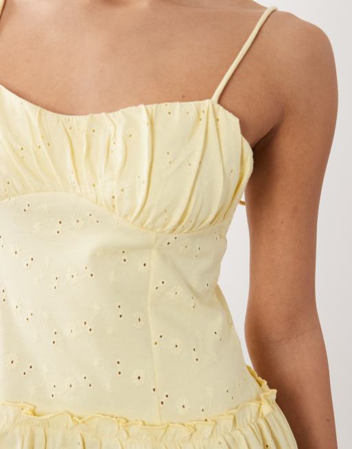ASOS DESIGN - Broderie mini-jurk met bandjes in lichtgeel, 3 van 4