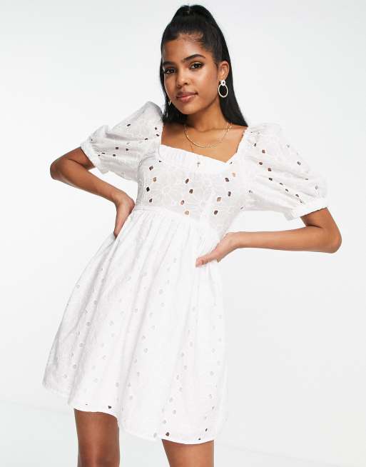 ASOS DESIGN broderie mini smock dress with shirred back in white