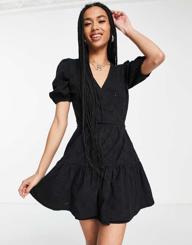 ASOS DESIGN broderie mini wrap dress in black