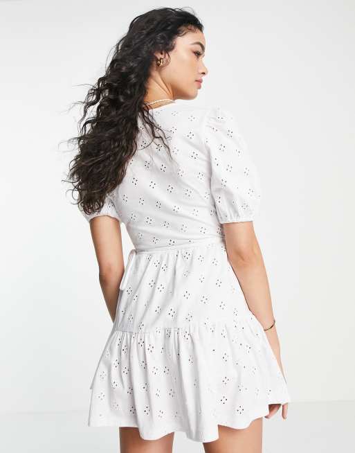 ASOS DESIGN broderie mini wrap dress in white