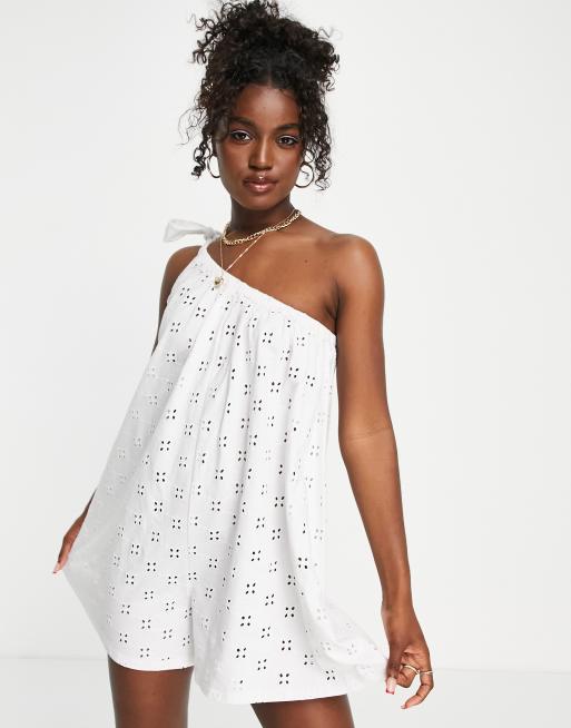 ASOS DESIGN broderie one shoulder playsuit in white