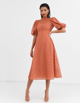 broderie organza midi skater dress with puff sleeves ASOS DESIGN