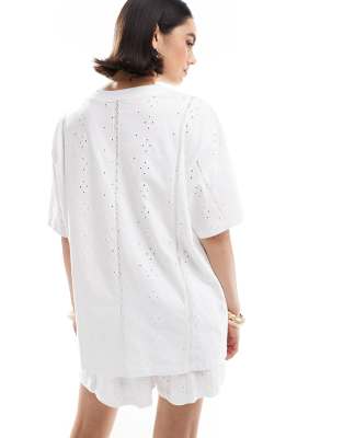 Asos Design Broderie Oversized Tee With Lace Trim Inserts In White