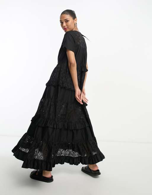 ASOS DESIGN broderie patched tent maxi dress in black | ASOS