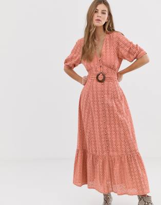 asos design premium broderie maxi dress with pep hem and fluted sleeves