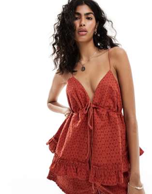 ASOS DESIGN broderie peplum ruffle cami top in terracotta - part of a set