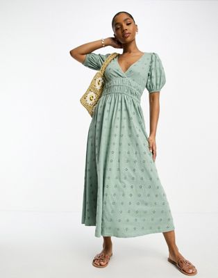ASOS DESIGN broderie puff sleeve midi tea dress with shirred waist in sage green