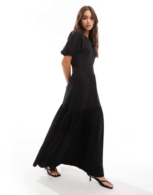 ASOS DESIGN broderie puff sleeve tiered maxi dress in black ASOS