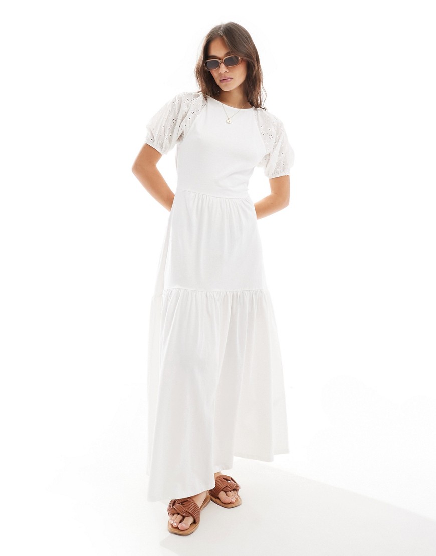 ASOS DESIGN broderie puff sleeve tiered maxi dress in white