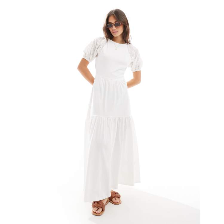 ASOS DESIGN broderie puff sleeve tiered maxi dress in white ASOS