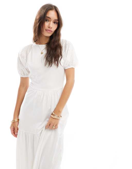 ASOS DESIGN broderie puff sleeve tiered maxi dress in white ASOS