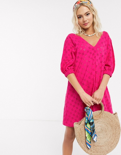 ASOS DESIGN broderie puff sleeve v front mini swing dress in pink