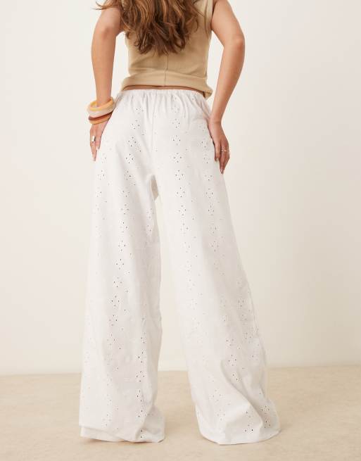 ASOS DESIGN broderie pyjama style pants with tie waist in white, 3 of 5