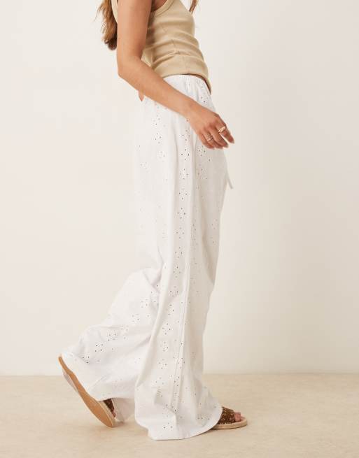 ASOS DESIGN broderie pyjama style pants with tie waist in white, 5 of 5