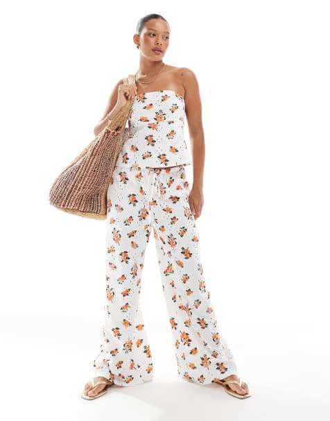 ASOS DESIGN broderie pyjama style trouser co-ord with tie waist in white orange print - view 1