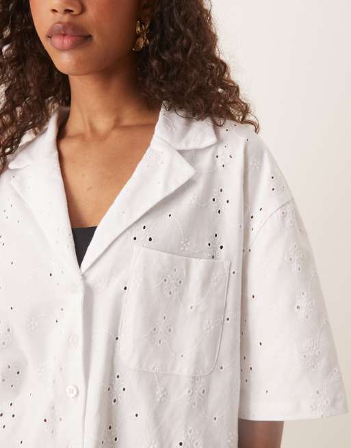 ASOS DESIGN broderie resort shirt in white, 3 of 4