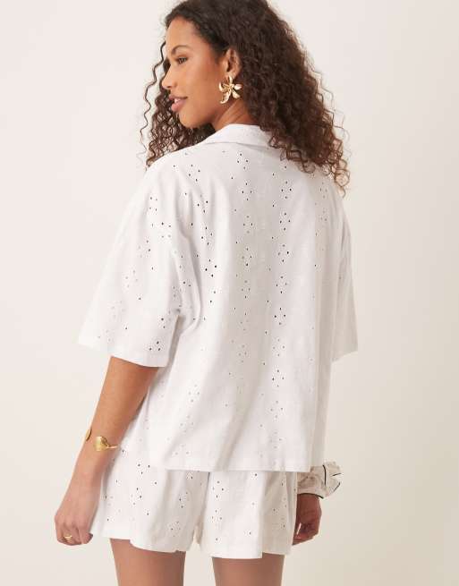 ASOS DESIGN broderie resort shirt in white, 4 of 4
