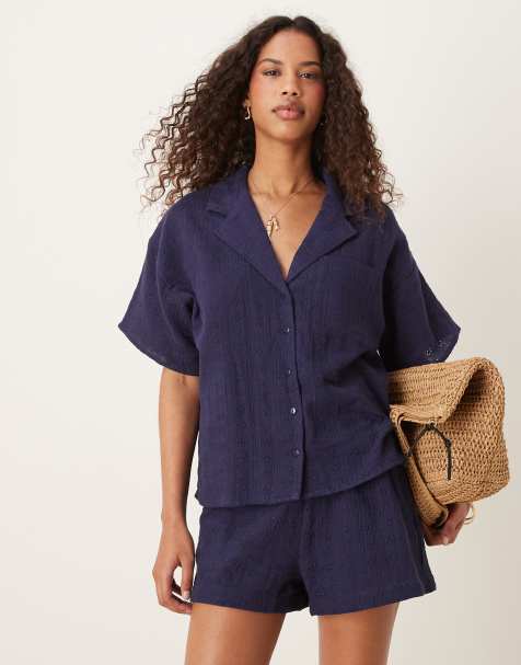 ASOS DESIGN broderie revere collar co-ord shirt in navy - view 1