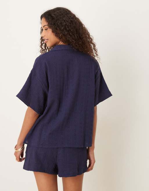ASOS DESIGN broderie revere collar co-ord shirt in navy, 3 of 4