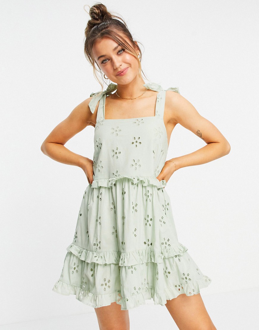 ASOS DESIGN broderie ruffle swing mini sundress with tie straps in sage green