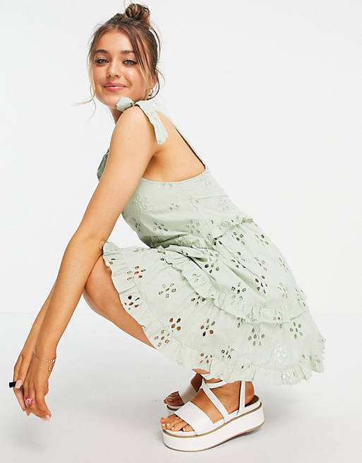 Dresses broderie ruffle swing mini sundress with tie straps in sage green 